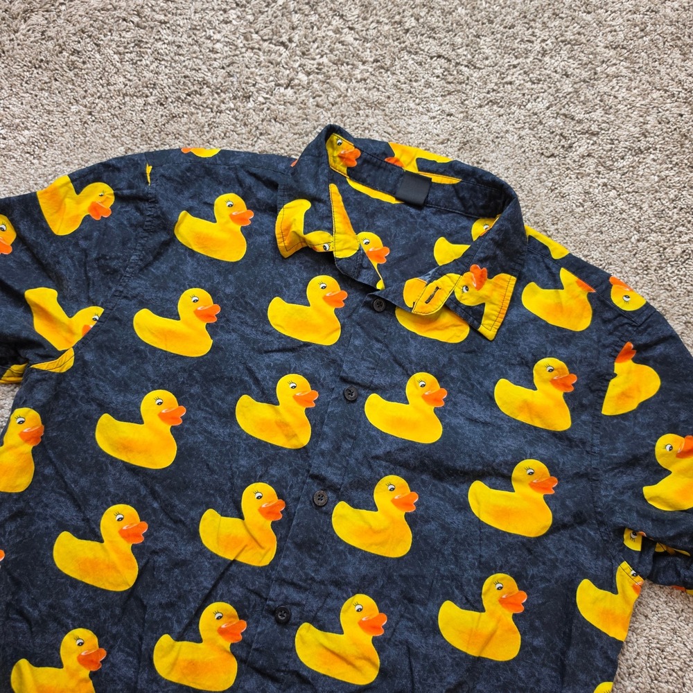 Neff Rubber Duck Shirt Mens L Cotton Short Sleeve Button Up Black Yellow Print